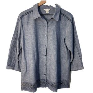 Christopher & Banks Linen Cotton Blue Button Down Tunic Crochet Detail M.